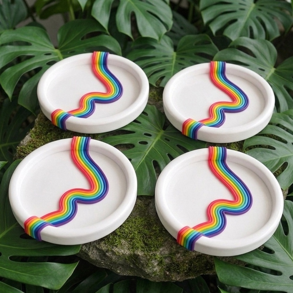 Rainbow Swirl Coaster Set - Cork backing - 4 Piece Set - White - Picture 2 of 4
